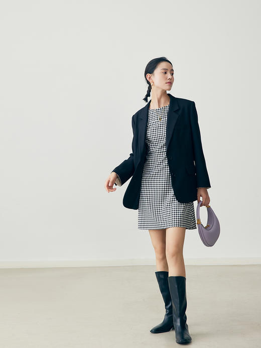 HeyDress法式黑白格纹连衣裙女夏季复古收腰设计感气质无袖短裙子 商品图3