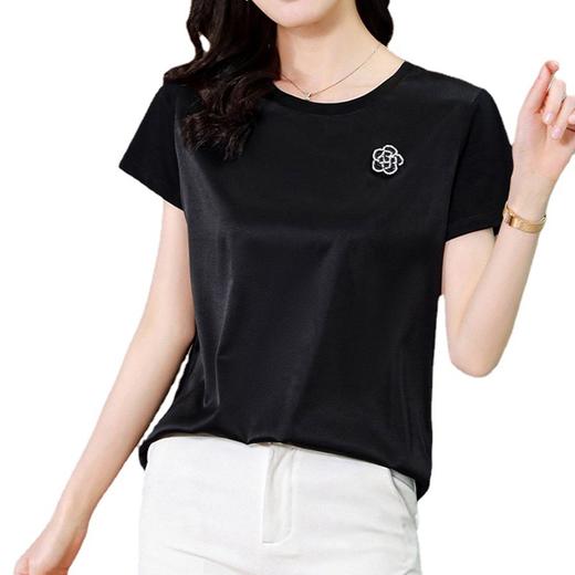 「数款可选！凉感醋酸T恤」2023春夏凉感醋酸T恤女 黑色白色山茶花圆领短袖上衣 商品图4