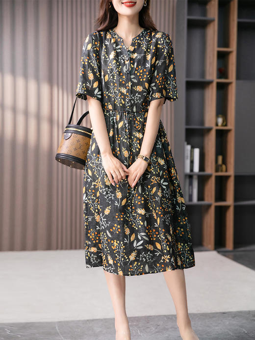 YX【现货7天】FSW时尚碎花V领亚麻连衣裙女2024夏季新款韩版收腰显瘦长款A字裙 商品图4