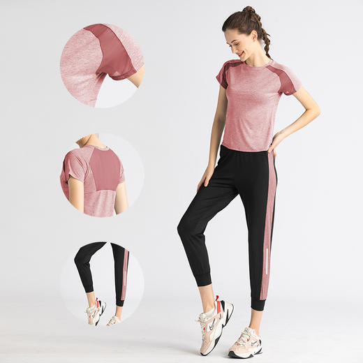 舒适的瑜伽套装，宽松的网纱短袖上衣搭配跑步瑜伽裤，专为健身运动而设计。速干面料让你保持干爽，自由活动的剪裁让你尽情展现自我。 商品图1