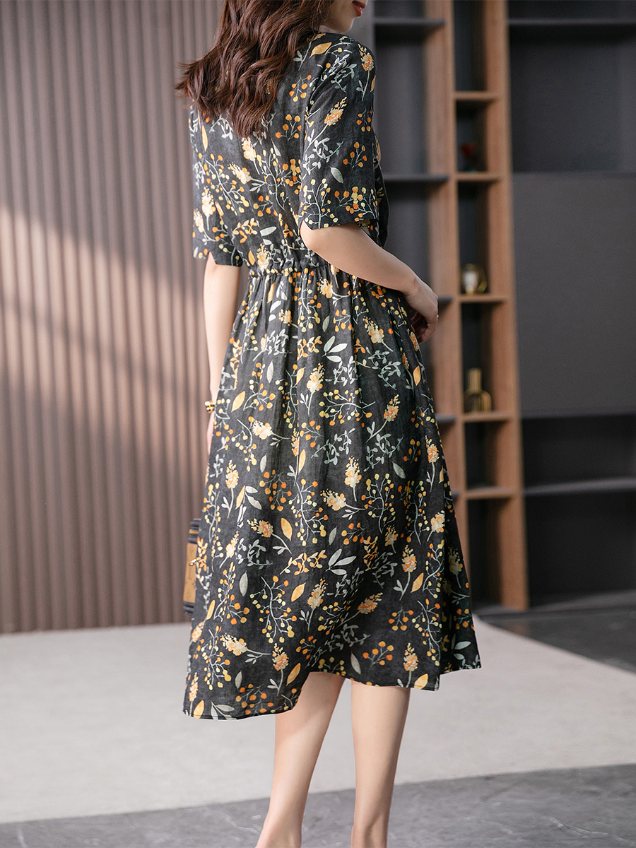 YX【现货7天】FSW时尚碎花V领亚麻连衣裙女2024夏季新款韩版收腰显瘦长款A字裙