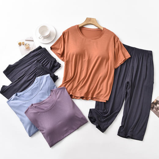 2023新款自带胸垫七分裤短袖套装上衣+裤子罩杯一体女居家外穿透气 商品图4