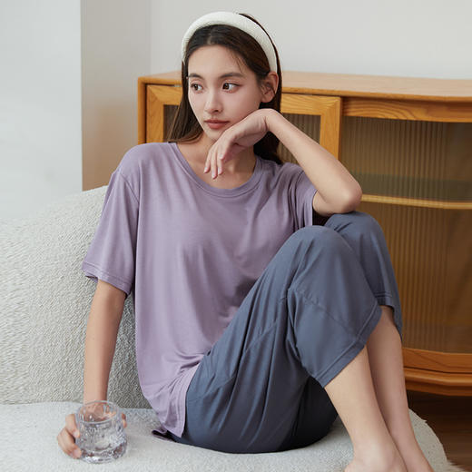 2023新款自带胸垫七分裤短袖套装上衣+裤子罩杯一体女居家外穿透气 商品图3