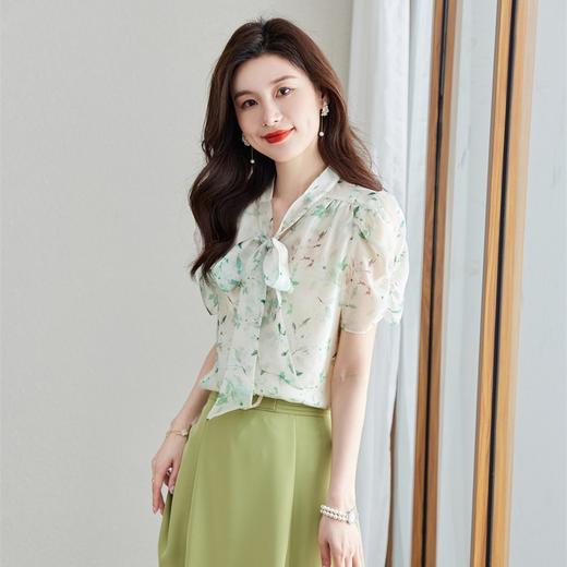 夏装时尚，V领碎花飘带气质雪纺短袖上衣YZ-8586 商品图0