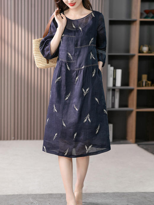 87898原形时尚气质绣花苎麻连衣裙女2024春夏季新款韩版宽松显瘦中长裙 商品图2