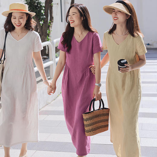 预售7-10天|一姐私服原创 定制汉麻、色织亚麻 法式V领短袖优雅连衣裙 商品图3