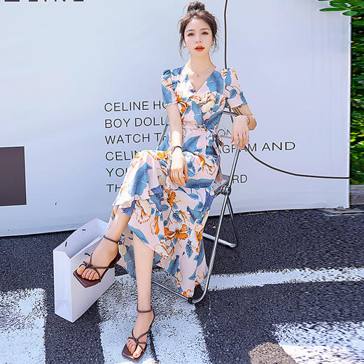 百搭气质，新款V领系腰带飘逸套头式侧边拉链连衣裙HR-HAYR72221 商品图1