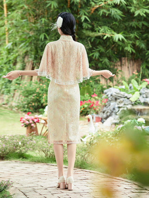 两件套改良旗袍礼服气质年轻款订珠蕾丝连衣裙OY230038 商品图4