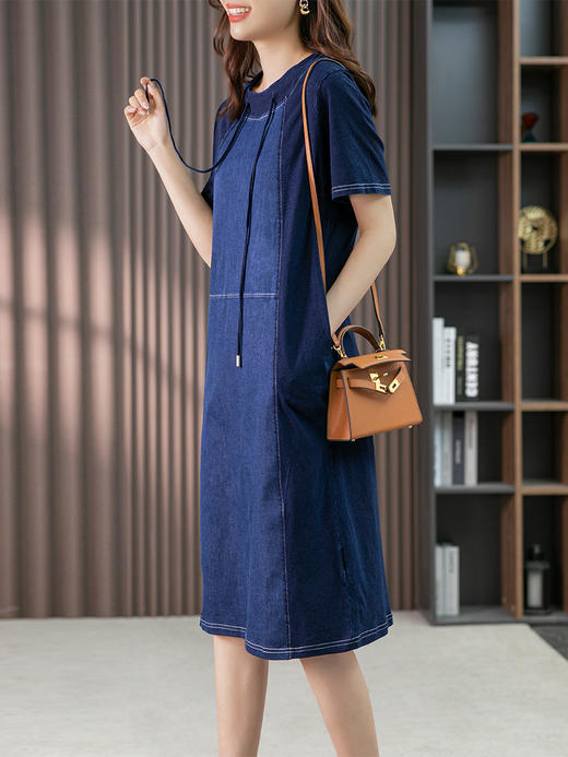 YX【现货7天】气质拼接牛仔连衣裙女中长款2023夏季新款韩版宽松休闲直筒裙 商品图2