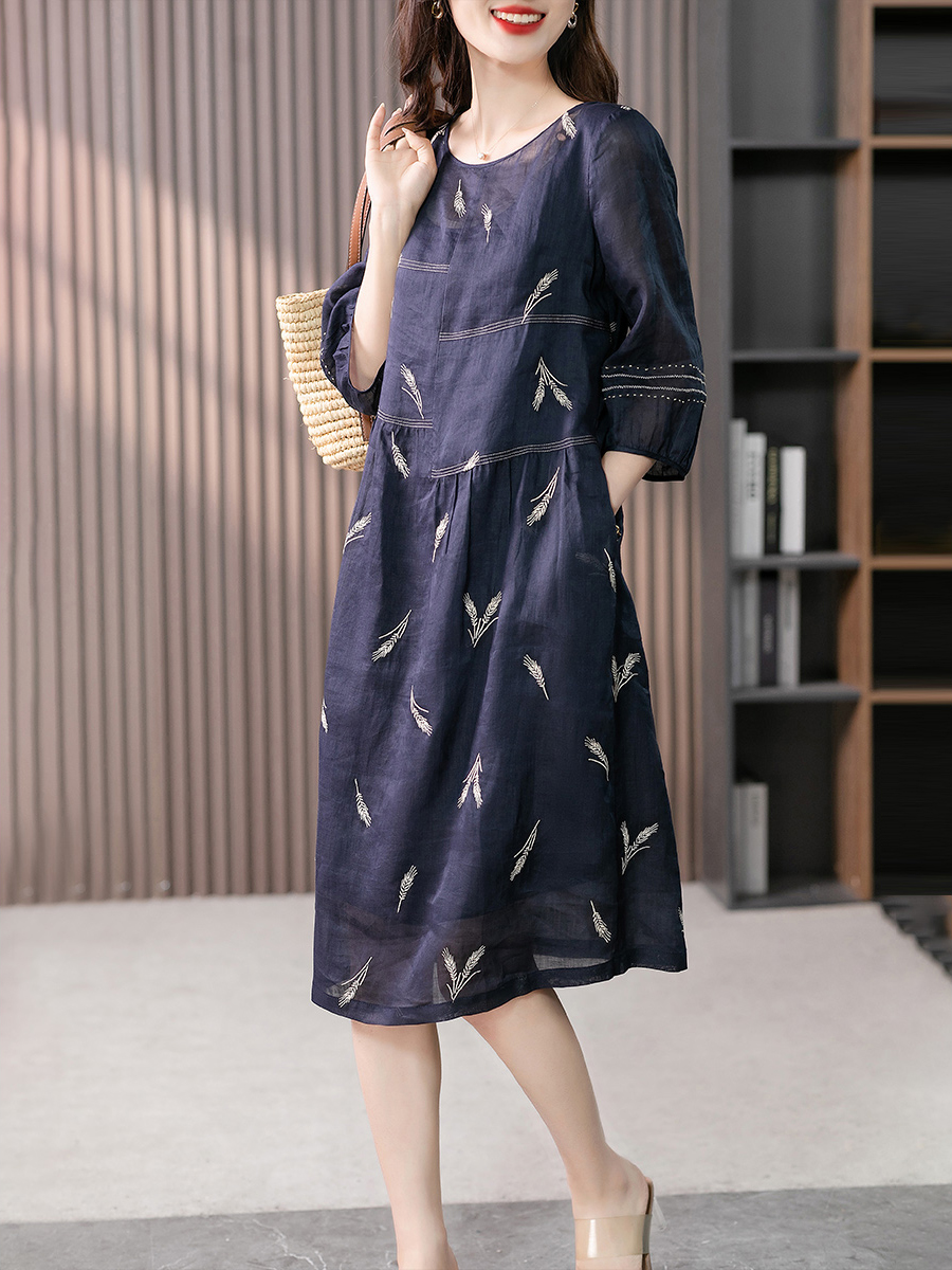 87898原形时尚气质绣花苎麻连衣裙女2024春夏季新款韩版宽松显瘦中长裙