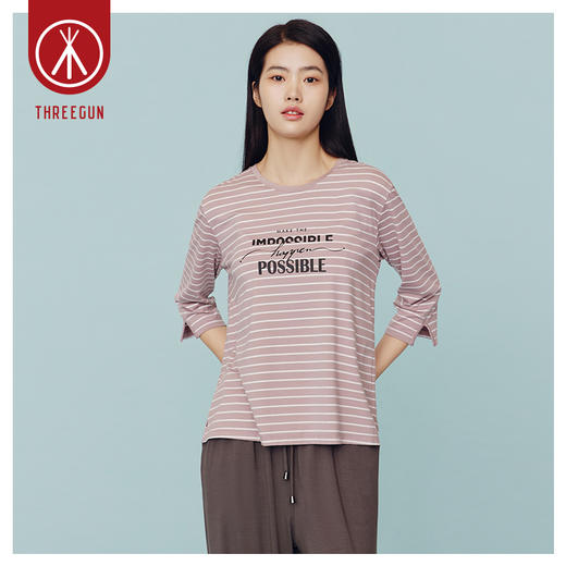 Threegun三枪 【爽滑竹棉】 彩条圆领女士七分袖上衣打底衫-24152A011 商品图6