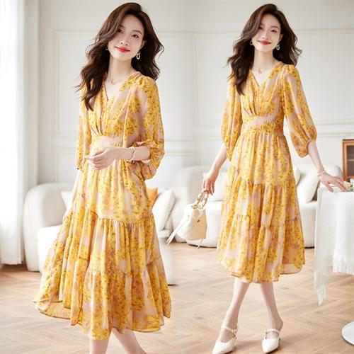 2023夏装新品碎花连衣裙女黄花修身显瘦后松紧韩版时尚气质HR-QY23601 商品图4