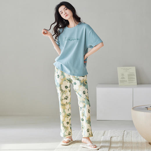 爱帝女士纯棉睡衣短袖长裤家居服套装 商品图5