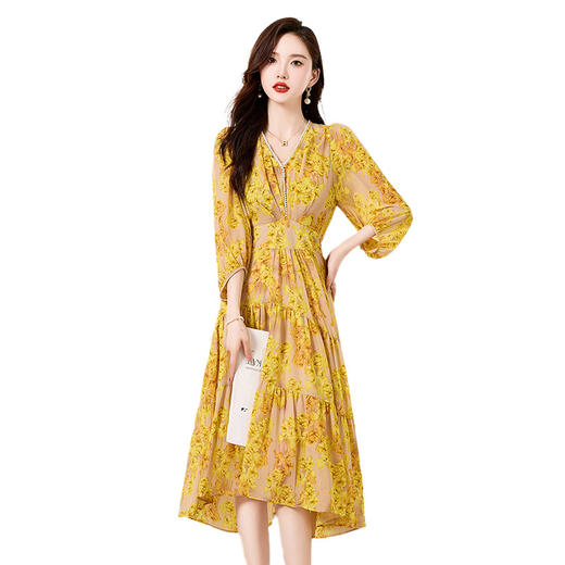 HR XXM619气质串珠V领印花连衣裙拼接显瘦不规则裙摆 商品图4