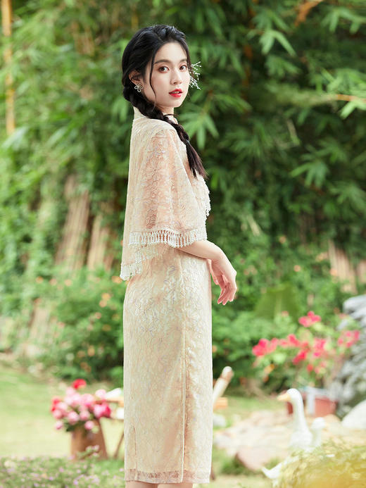 两件套改良旗袍礼服气质年轻款订珠蕾丝连衣裙OY230038 商品图3