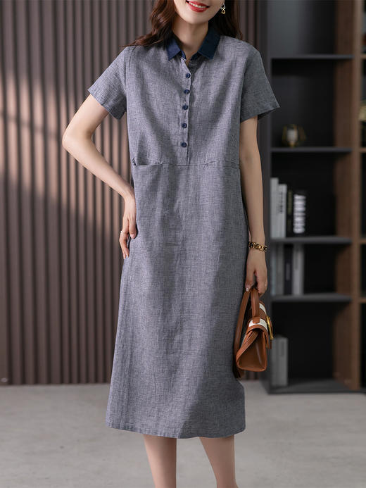 85907原形文艺复古千鸟格亚麻连衣裙女2024春夏新款韩版宽松显瘦直筒裙 商品图1