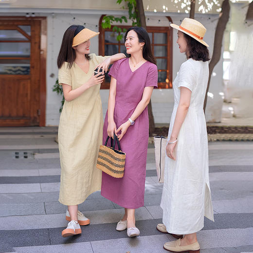 预售7-10天|一姐私服原创 定制汉麻、色织亚麻 法式V领短袖优雅连衣裙 商品图2