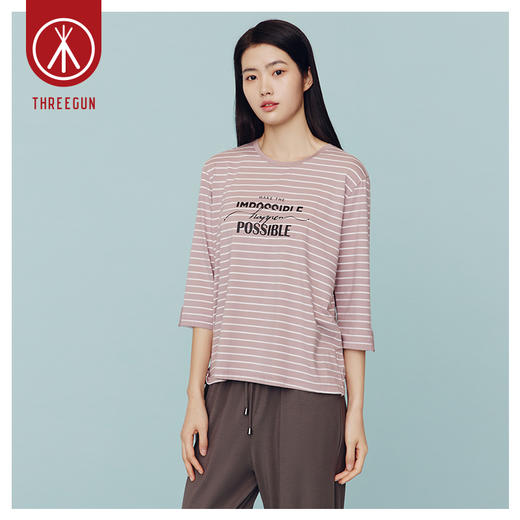 Threegun三枪 【爽滑竹棉】 彩条圆领女士七分袖上衣打底衫-24152A011 商品图3