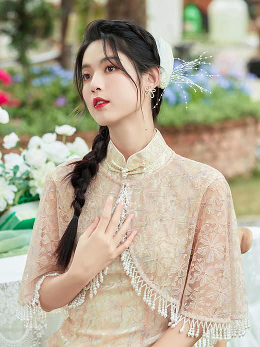 两件套改良旗袍礼服气质年轻款订珠蕾丝连衣裙OY230038 商品图0