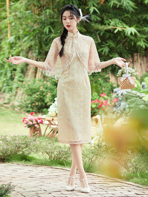 两件套改良旗袍礼服气质年轻款订珠蕾丝连衣裙OY230038 商品图2