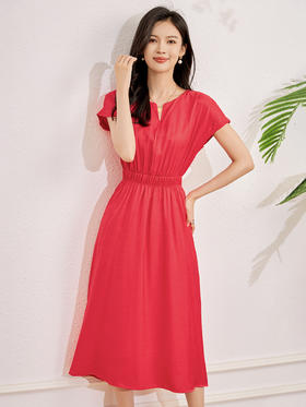 法式复古，天丝红色显白气质名媛简约显瘦遮肉松紧腰连衣裙WLZD-2317308
