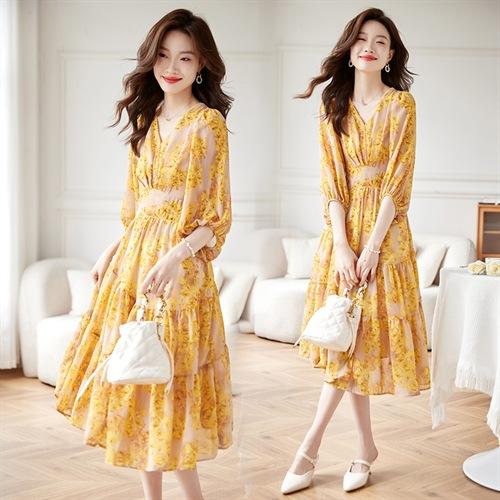 2023夏装新品碎花连衣裙女黄花修身显瘦后松紧韩版时尚气质HR-QY23601 商品图0
