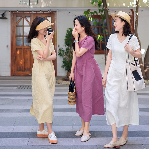 预售7-10天|一姐私服原创 定制汉麻、色织亚麻 法式V领短袖优雅连衣裙 商品图1