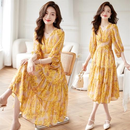2023夏装新品碎花连衣裙女黄花修身显瘦后松紧韩版时尚气质HR-QY23601 商品图3