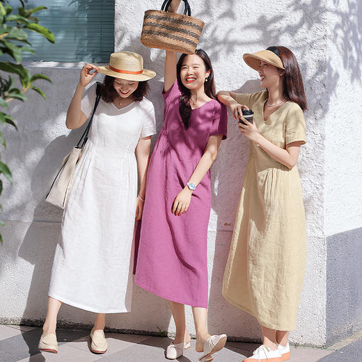 预售7-10天|一姐私服原创 定制汉麻、色织亚麻 法式V领短袖优雅连衣裙 商品图0