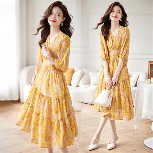 2023夏装新品碎花连衣裙女黄花修身显瘦后松紧韩版时尚气质HR-QY23601 商品图1