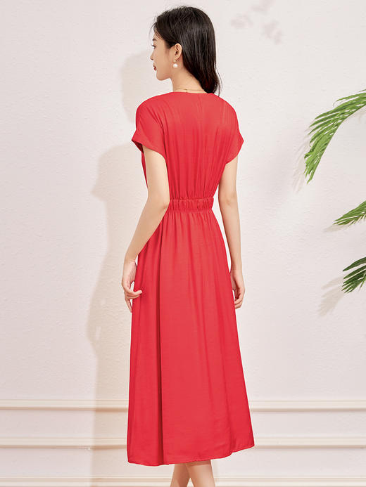 法式复古，天丝红色显白气质名媛简约显瘦遮肉松紧腰连衣裙WLZD-2317308 商品图1