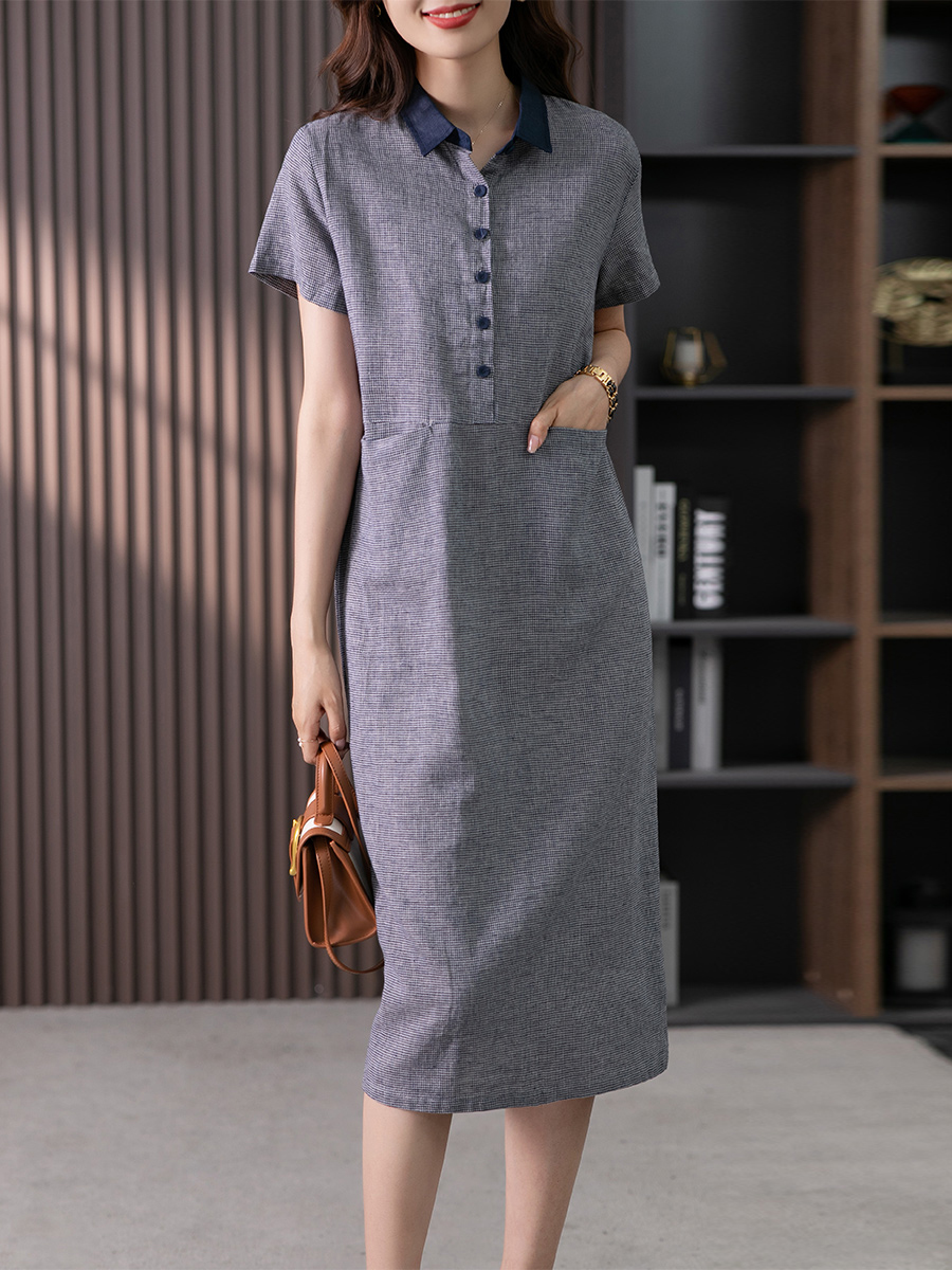 85907原形文艺复古千鸟格亚麻连衣裙女2024春夏新款韩版宽松显瘦直筒裙