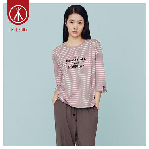 Threegun三枪 【爽滑竹棉】 彩条圆领女士七分袖上衣打底衫-24152A011 商品图0