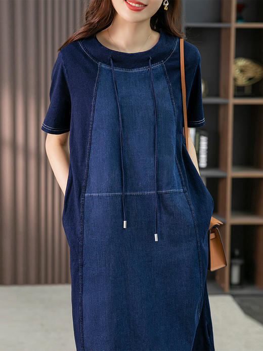 YX【现货7天】气质拼接牛仔连衣裙女中长款2023夏季新款韩版宽松休闲直筒裙 商品图3