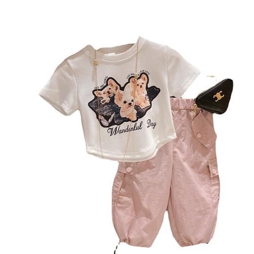 【韩版时髦洋气！卡通印花短款T恤工装裤套装】时尚舒适又耐穿，柔软透气亲肤，无束缚，童装夏女童韩系套装中小童，潮流造型不容错过sh 商品图4