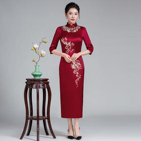 LHS-A252刺绣婚礼醋酸旗袍礼服 春秋新款旗袍 中长款喜婆婆婚宴装