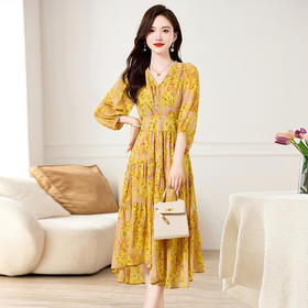 HR XXM619气质串珠V领印花连衣裙拼接显瘦不规则裙摆