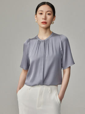 HT202347法式真丝衬衫女2023年夏季灯笼袖桑蚕丝短袖衬衫 知性T恤女