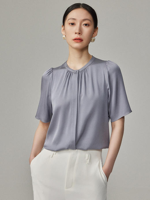 HT202347法式真丝衬衫女2023年夏季灯笼袖桑蚕丝短袖衬衫 知性T恤女 商品图0