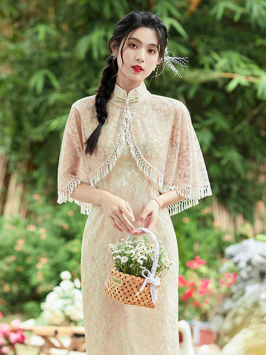 两件套改良旗袍礼服气质年轻款订珠蕾丝连衣裙OY230038 商品图1