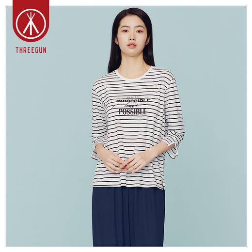 Threegun三枪 【爽滑竹棉】 彩条圆领女士七分袖上衣打底衫-24152A011 商品图5