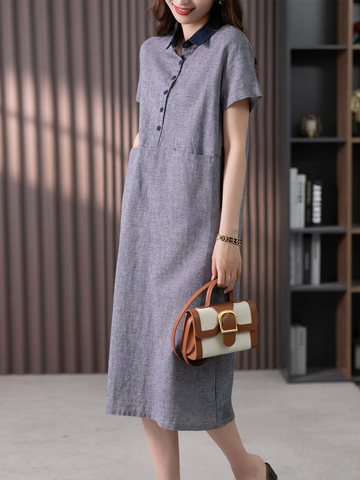 85907原形文艺复古千鸟格亚麻连衣裙女2024春夏新款韩版宽松显瘦直筒裙 商品图3