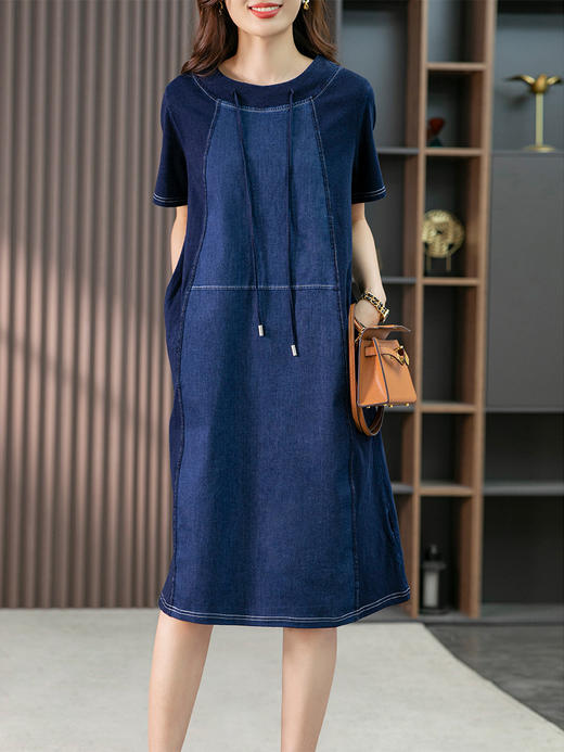 YX【现货7天】气质拼接牛仔连衣裙女中长款2023夏季新款韩版宽松休闲直筒裙 商品图1