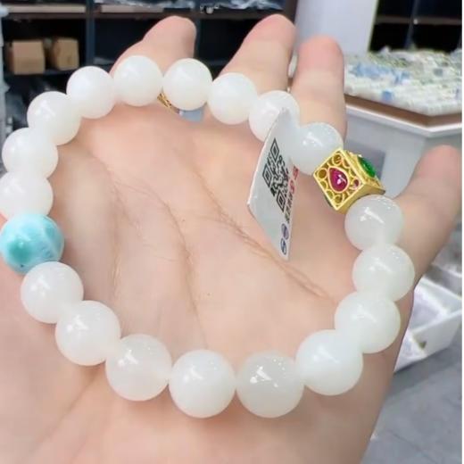 S925和田玉单圈手串-白玉海纹石圆珠 商品图0