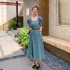 法式复古泡泡袖薄款牛仔连衣裙女夏季新款方领修身气质长款裙子 商品缩略图3