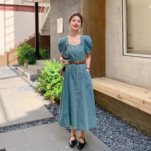 法式复古泡泡袖薄款牛仔连衣裙女夏季新款方领修身气质长款裙子 商品图3