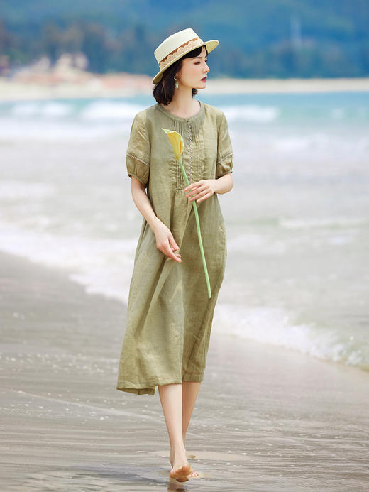 HM-C032夏季新款纯苎麻旅行文艺连衣裙花边灯笼短袖宽松怀旧复古袍子 商品图1