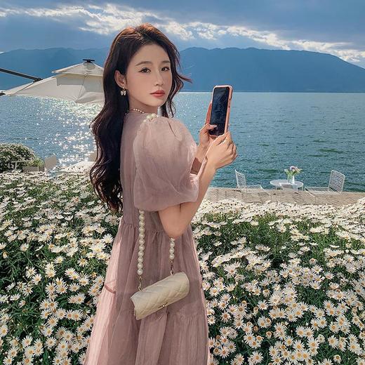 实拍温柔浪漫泡泡袖小众高级感高腰显瘦chic氛围感纯色中长连衣裙 商品图0