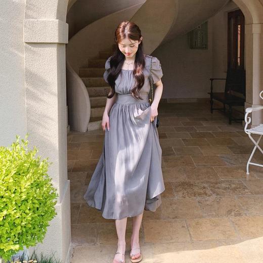 法式复古天丝连衣裙女2023夏季新款气质轻熟方领泡泡袖显瘦长裙子 商品图3