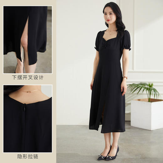 罗蒙夏季短袖连衣裙短袖方领休闲日常气质舒适复古开叉长裙女 商品图2